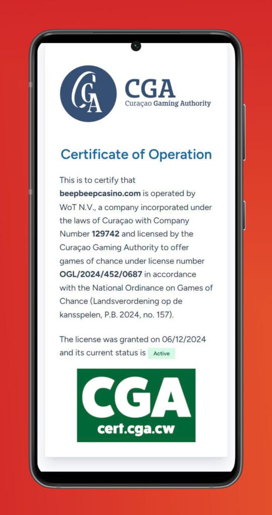 CGA license beep beep casino